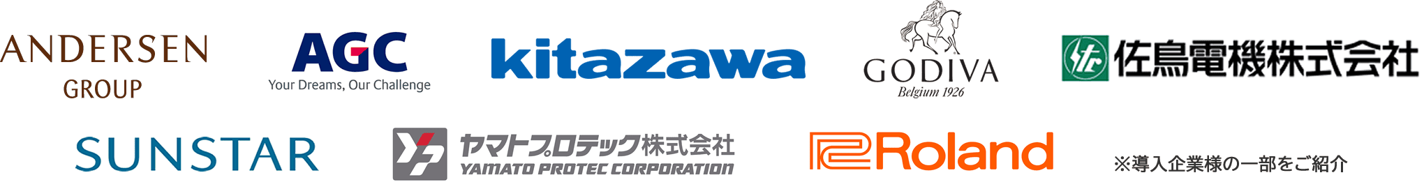 アンデルセン、AGC、北沢産業、ゴディバ、佐鳥電機、サンスター、ローランド、ヤマトプロテックなど、スマクラ導入企業様一部のロゴ画像