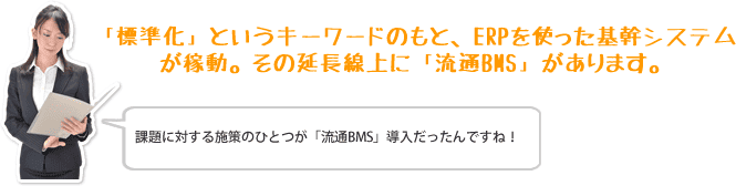 「標準化」というキーワードのもと、ERPを使った基幹システムが稼動。その延長線上に「流通BMS」があります。
